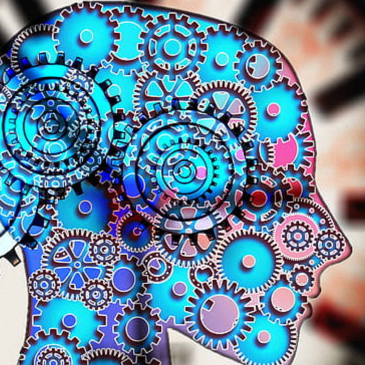 Picture shows a schematic human head with a lot of gears inside - illustrates the human being as a watch case, in which many gears mesh inside