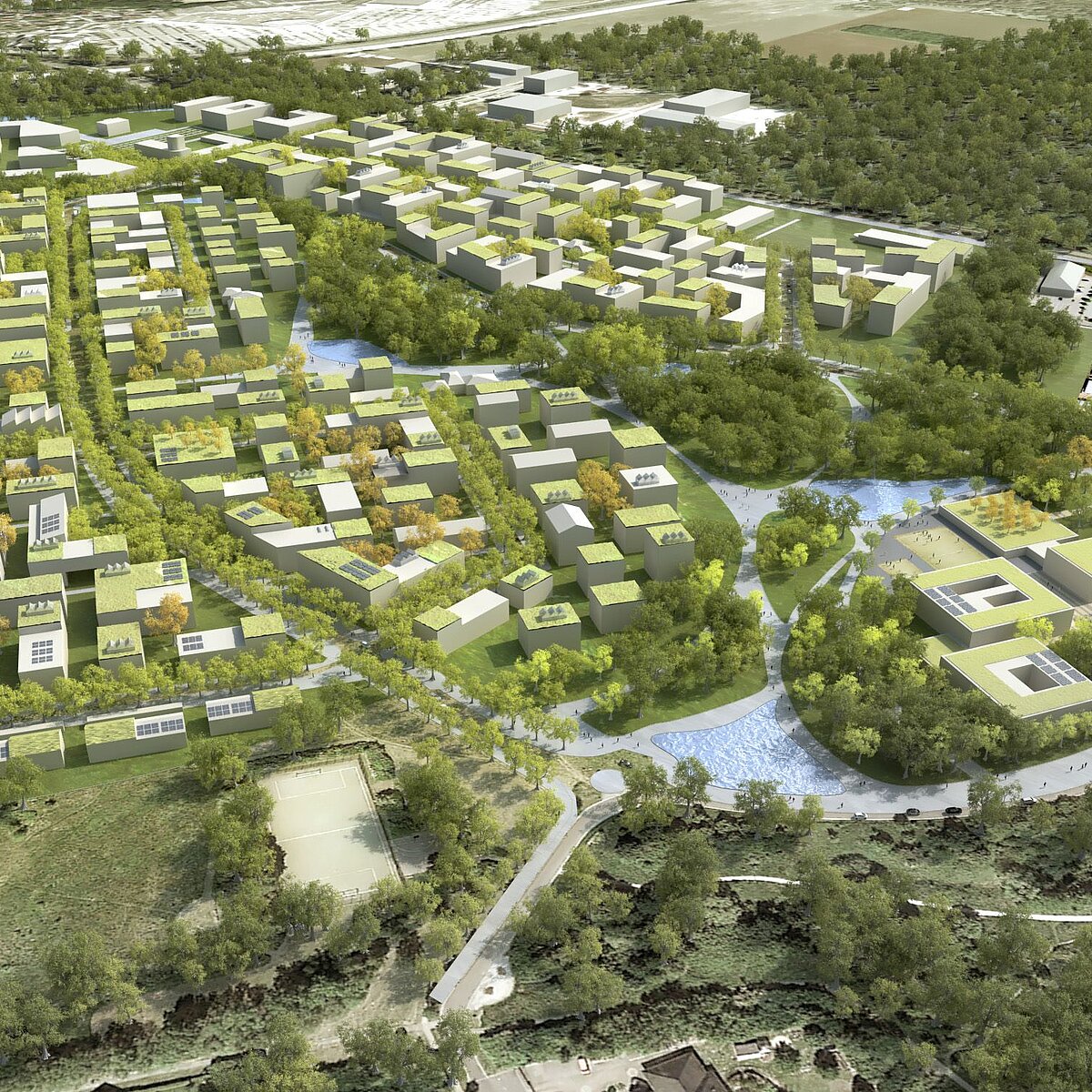 Visualization for the new quarter in Königs Wusterhausen "Königspark" aerial view