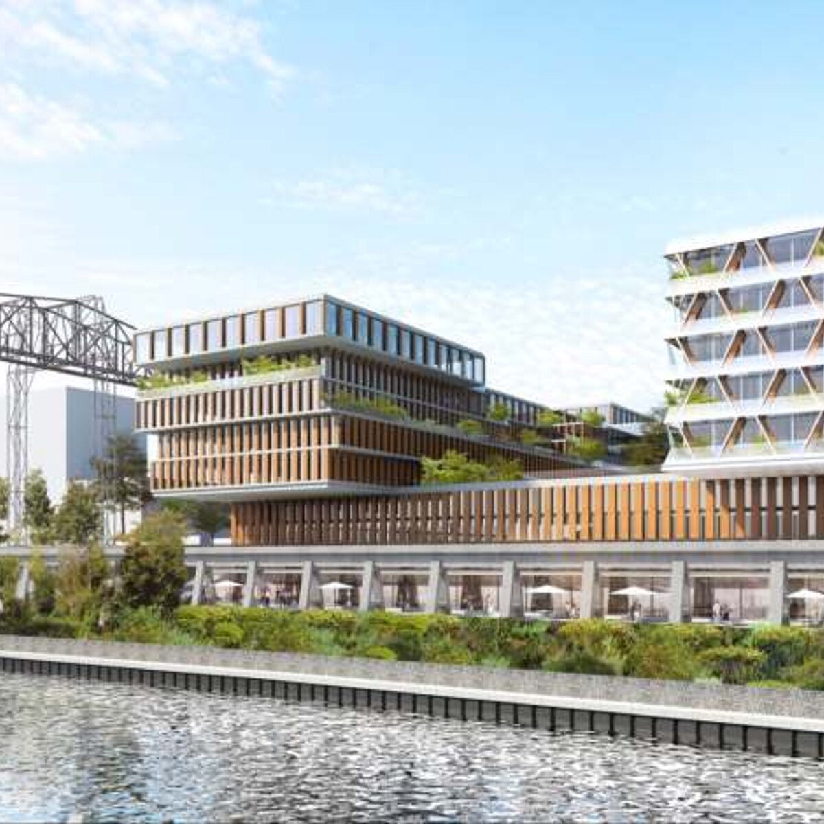 Visualization: Food Campus Berlin - Future Platform for Nutrition and Planetary Health. Work. Research. Produce. In one place. In the middle of Berlin. View in northwest direction from the south bank of the Teltowkanal.