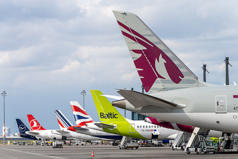 Different aircraft with different brands on the apron at BER