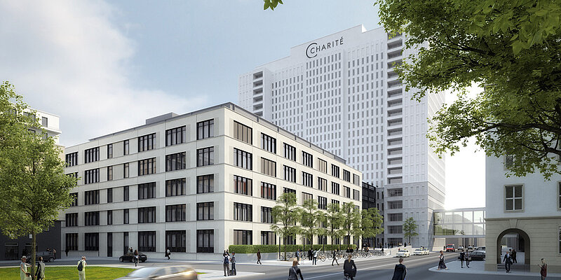 The photo shows the buildings of the Charité and the Rahel Hirsch Center in Berlin.