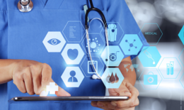 The image shows a person wearing a doctor's coat and carrying a stethoscope with a tablet in his hand. The image is a symbol of digital networking and integration of artificial intelligence