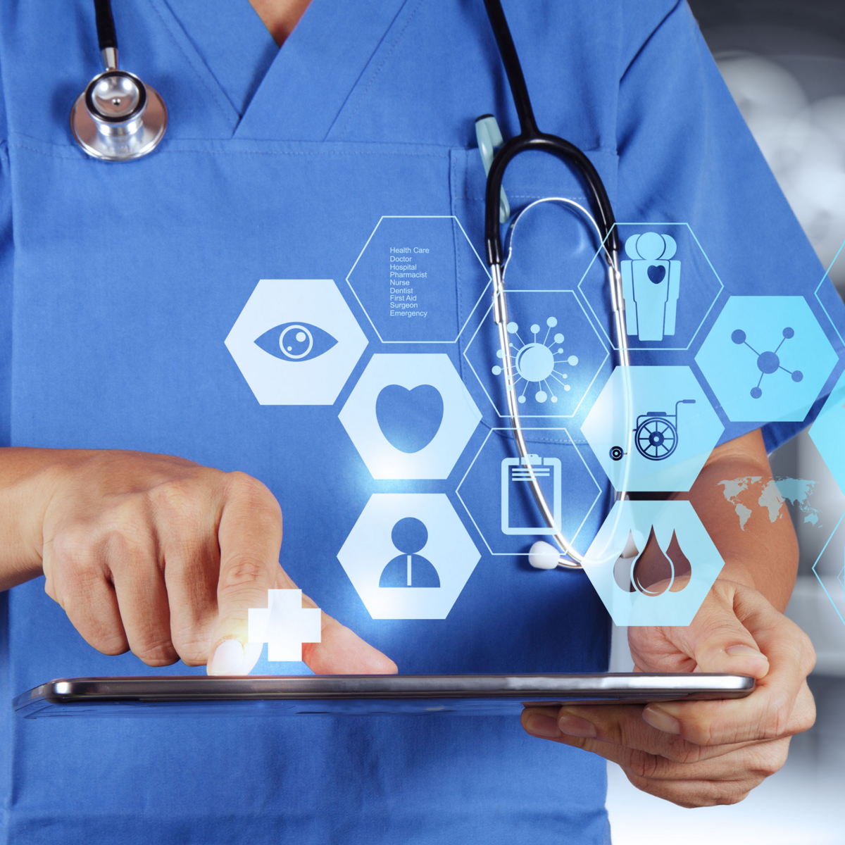 The image shows a person wearing a doctor's coat and carrying a stethoscope with a tablet in his hand. The image is a symbol of digital networking and integration of artificial intelligence