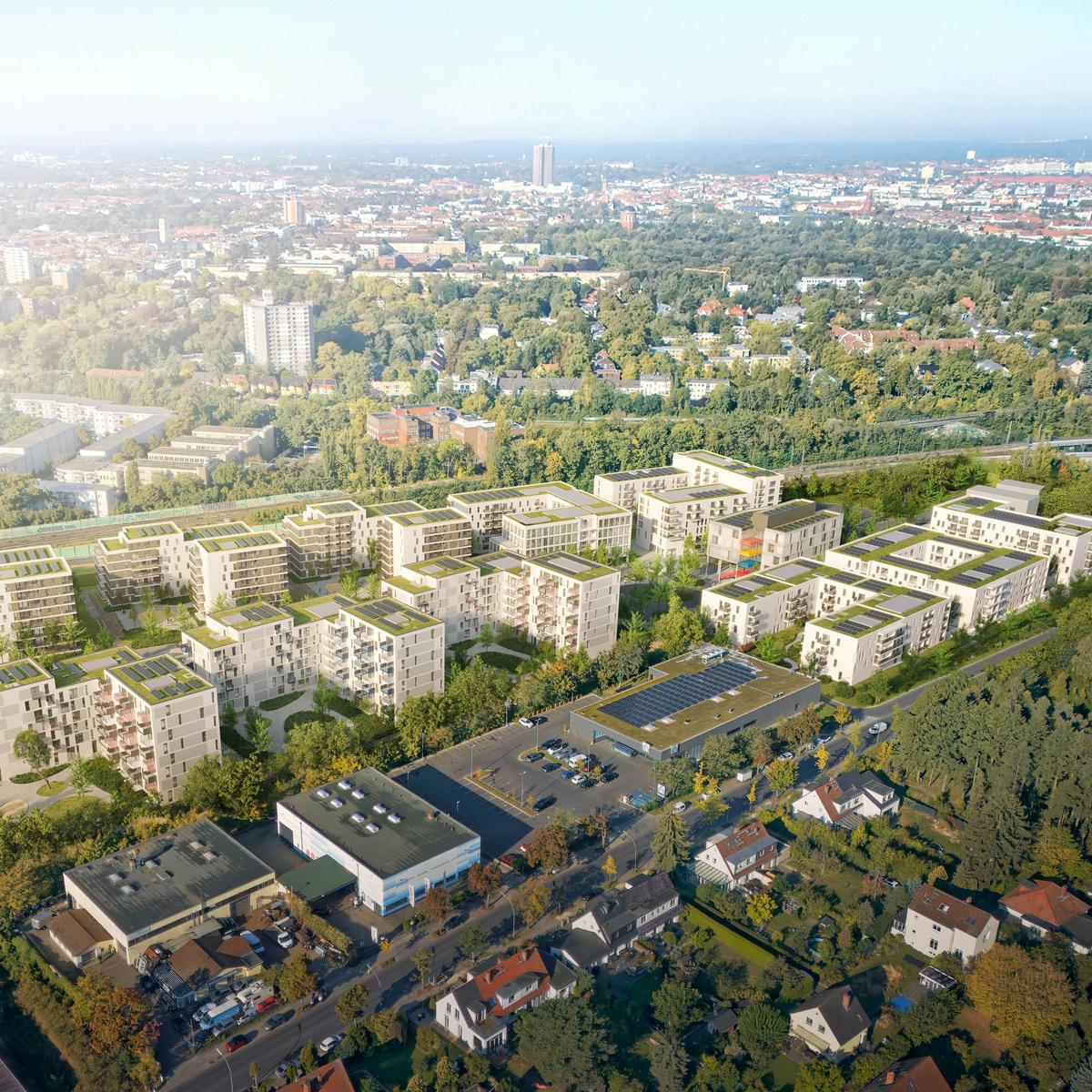 Visualization of the new Marienhöfe urban quarter from a bird’s-eye view.