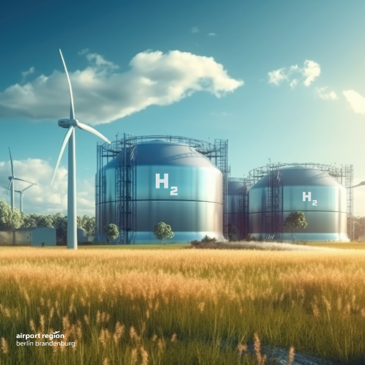 Animated representation of wind turbines and hydrogen tanks on a wheat field as a symbol for a successful energy transition