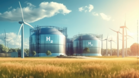 Animated representation of wind turbines and hydrogen tanks on a wheat field as a symbol for a successful energy transition