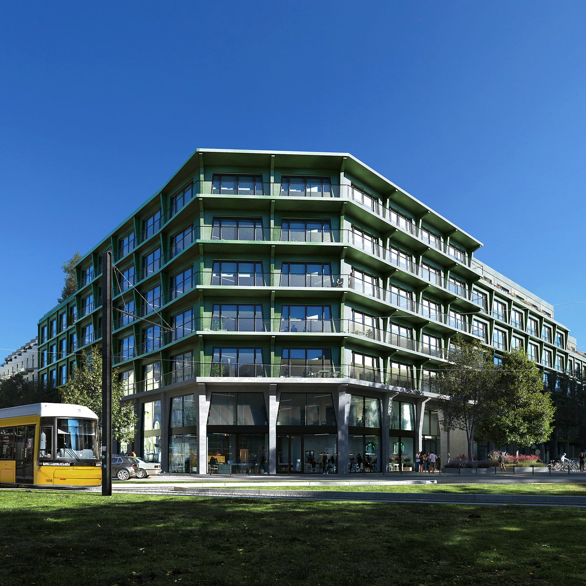 Photo of the HAINWERK office building in Berlin with a tram in the foreground