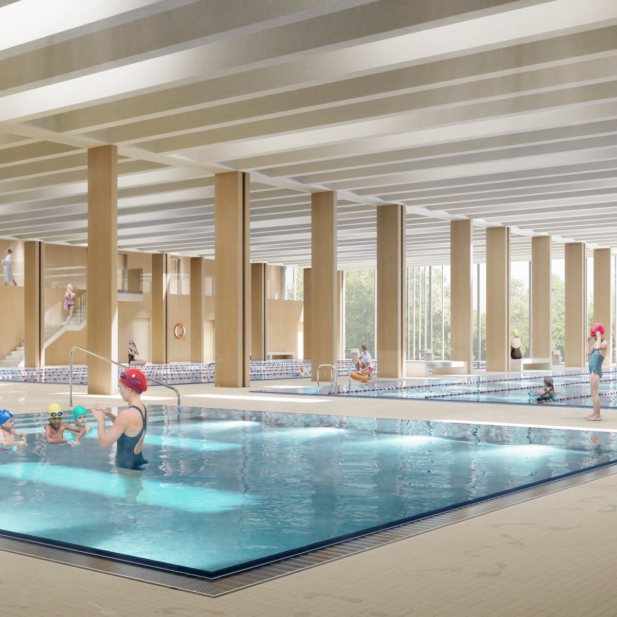 [Translate to English:] Visualisierung des Visualization of the future Holzmarkt 51 district in Berlin Friedrichshain, swimming poolkünftigen Quartiers Holzmarkt 51 in Berlin Friedrichshain, Schwimmhalle. 
