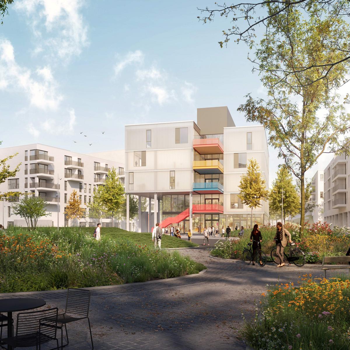 The neighborhood building offers residents, among other things, fitness rooms, a shop, and community-focused facilities.