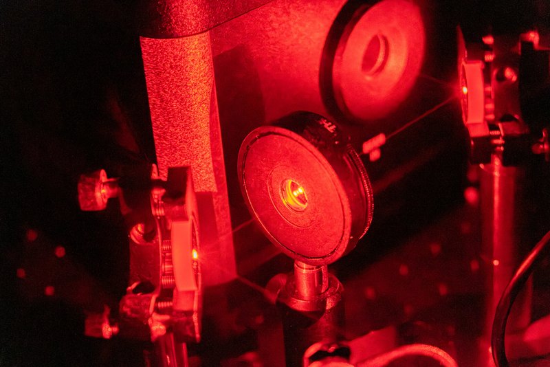 Part of the experimental setup for a quantum physics experiment in the laboratory of the Department of Physics at Humboldt University, Campus Adlershof.