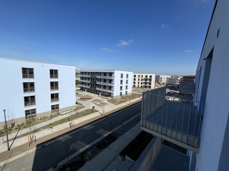 The buildings of the new residential and commercial quarter Darwinbogen in Königs Wusterhausen near Berlin are shown.