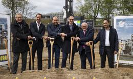 Symbolic ground-breaking ceremony for the new Ramada Encore by Wyndham Berlin Airport hotel building. The following people are standing on the construction site with spades: Mr. Müller - SMAP Architektur- und Generalplanung GmbH Kerr Kimling - PORR GmbH & Co. KGaA Mr. Konter - signo hospitality GmbH Mr. Ossenkop - SWH Airporthotel Schönfeld GmbH Mr. Hentschel - Mayor of Schönefeld Mr. Woods - WYNDHAM Hotel & Resorts