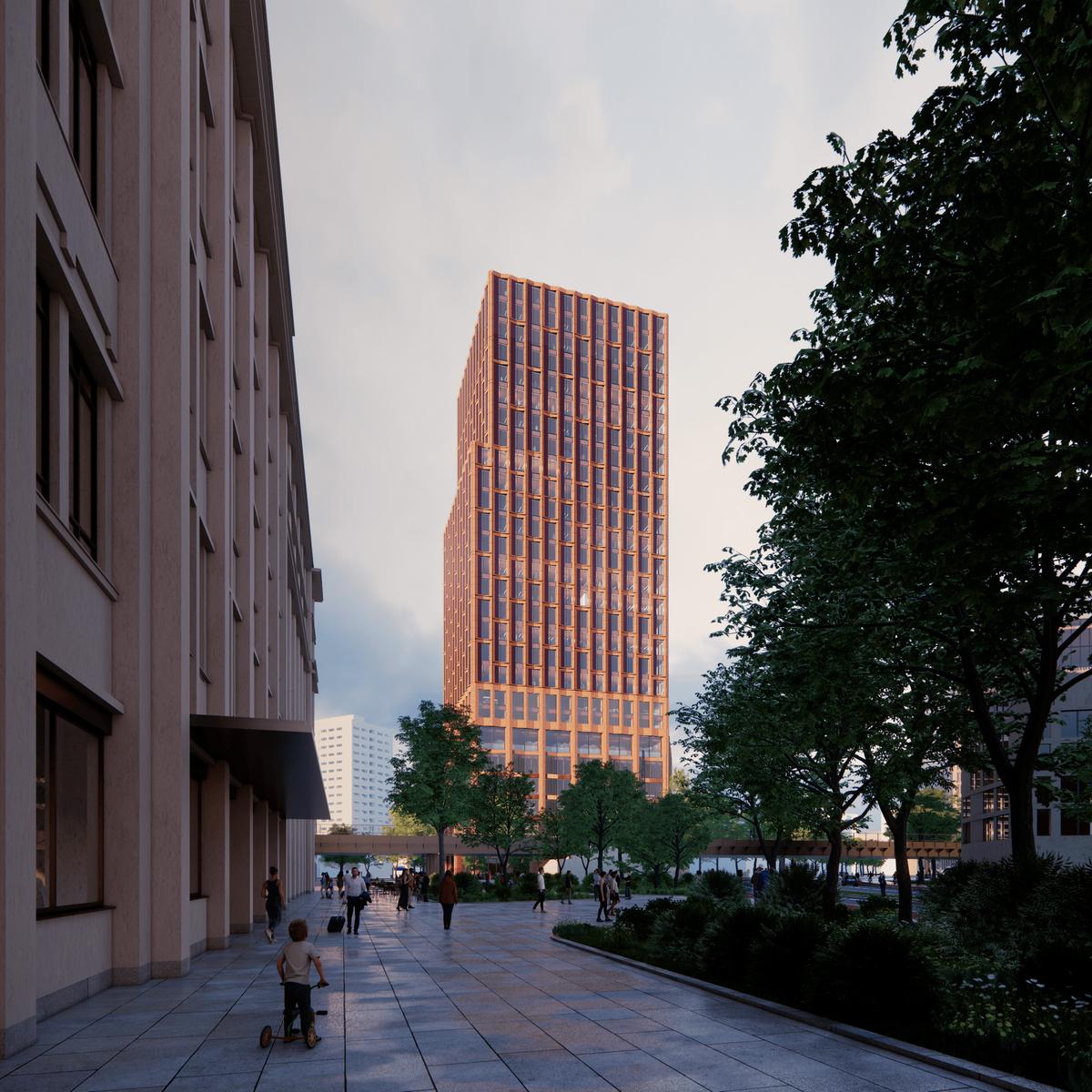 Visualization of the planned high-rise project at Jannowitz Bridge in Berlin-Mitte.
