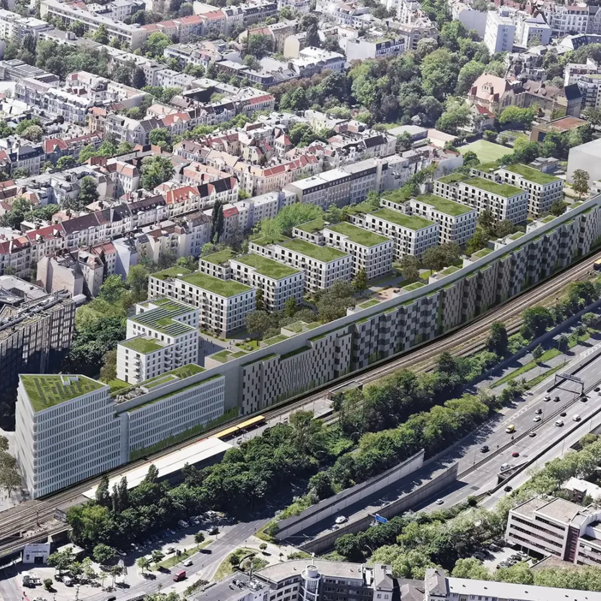 Aerial visualization of the future project "THE FRIEDENAUER"