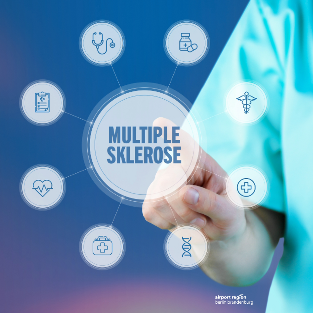 Image shows medical person in frame, with stetoscope around his neck, tapping with a finger on an animated area. The animation is an arrangement of circles around the word "Mutliple Sclerosis", In the circles are medical pictograms.