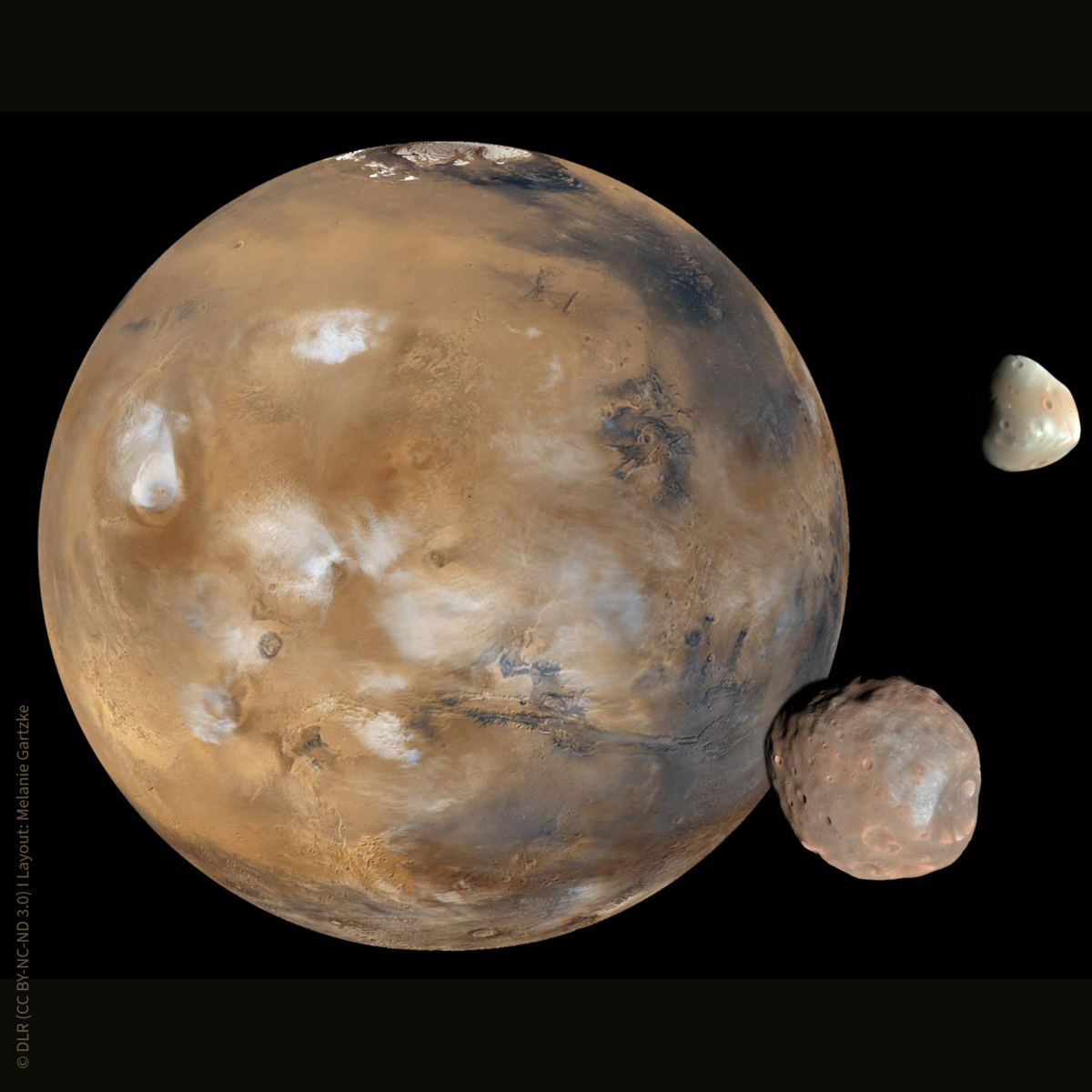 The picture shows planet Mars with its moons Deimos and Phobos