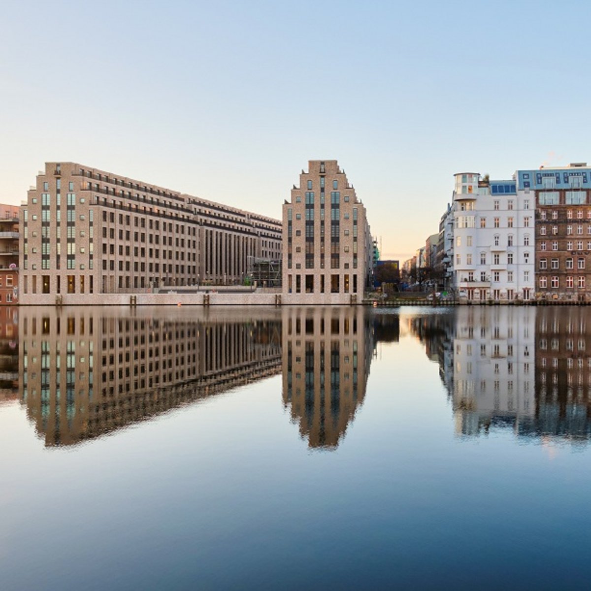Photo from the water side on the project development Cuvry Campus in Berlin-Kreuzberg
