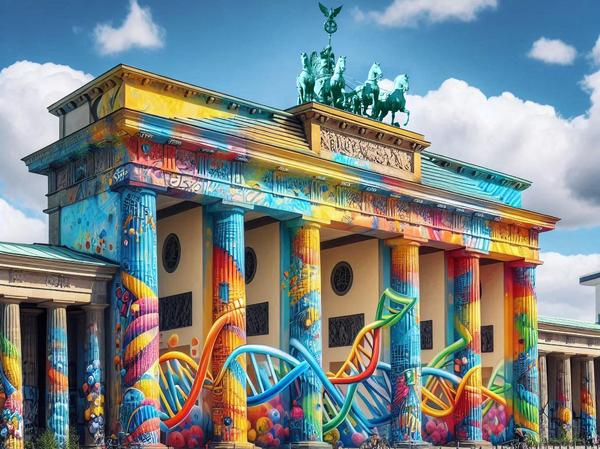 AI-generated view of Berlin's Brandenburg Gate, which is colourfully painted and with colourful DNA helix spilling out of it