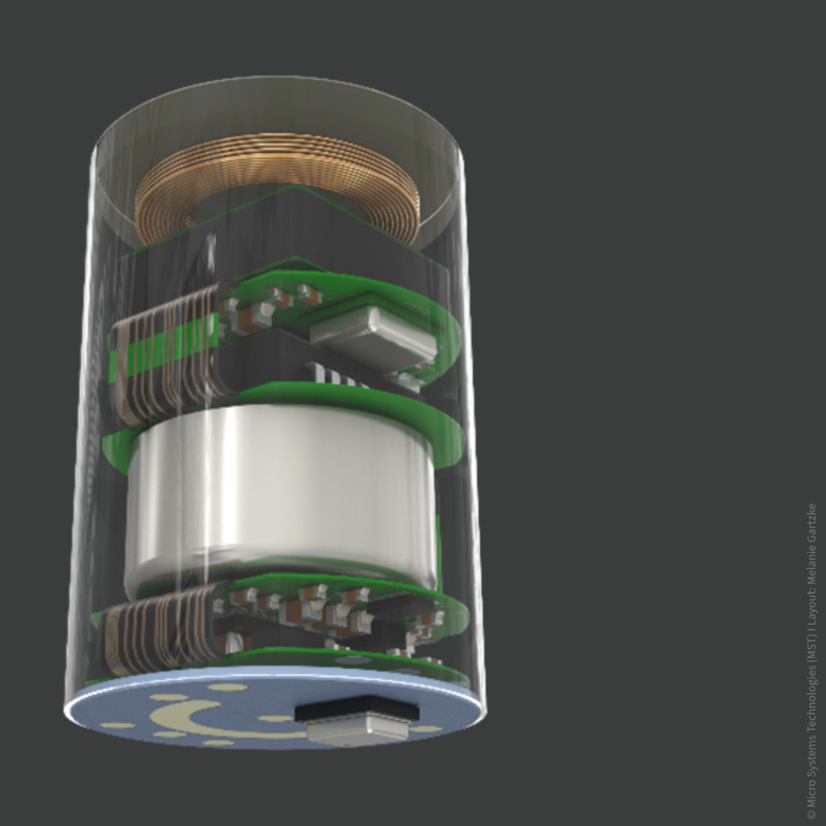 Shows a 3D image of the cylindrical IoT sensor and you can see the internal components. 