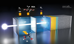 The picture shows the schematic representation of the chemical process in which green hydrogen can be produced with sunlight. The Helmholtz-Zentrum Berlin has taken a new approach to this.
