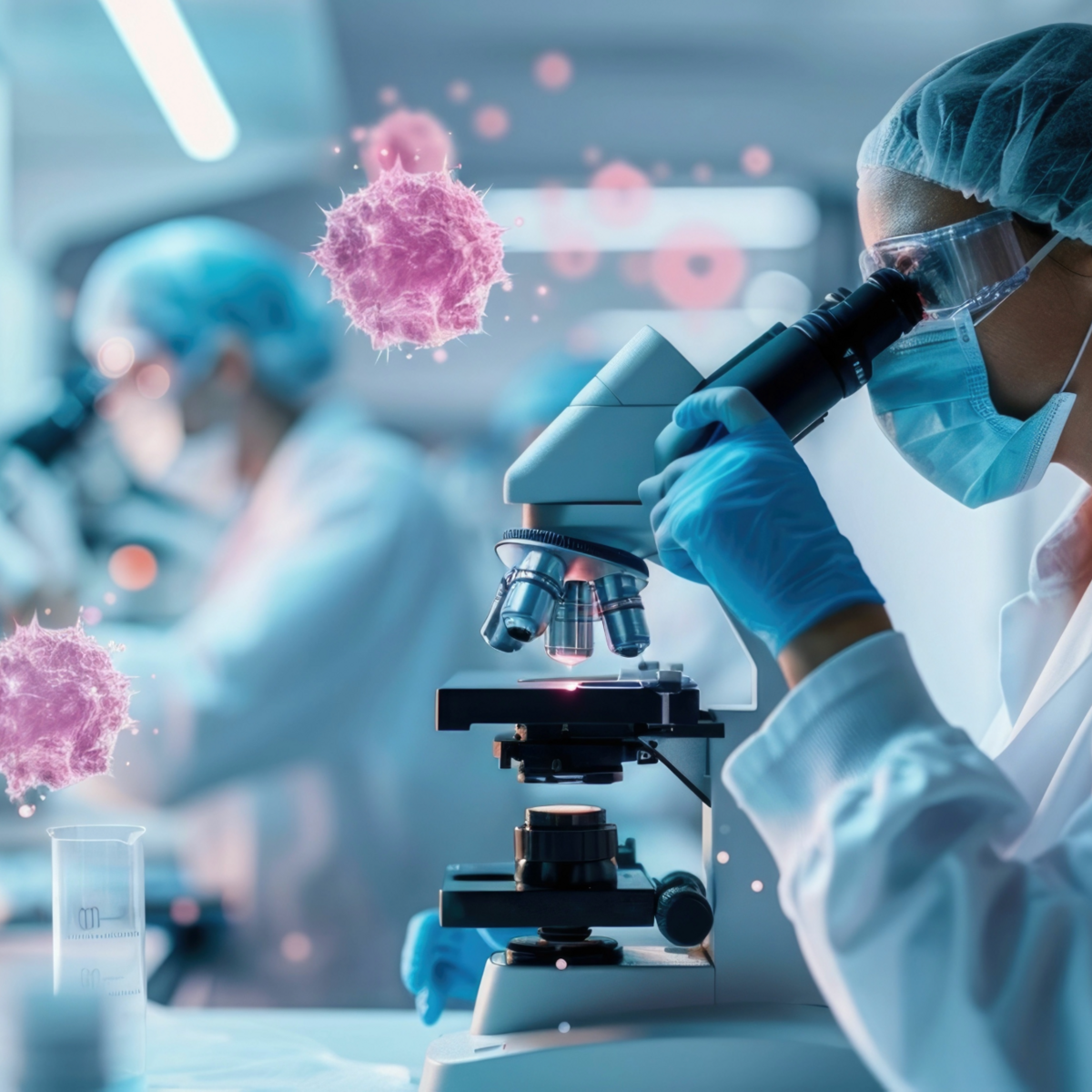 Researchers examine samples under a microscope.