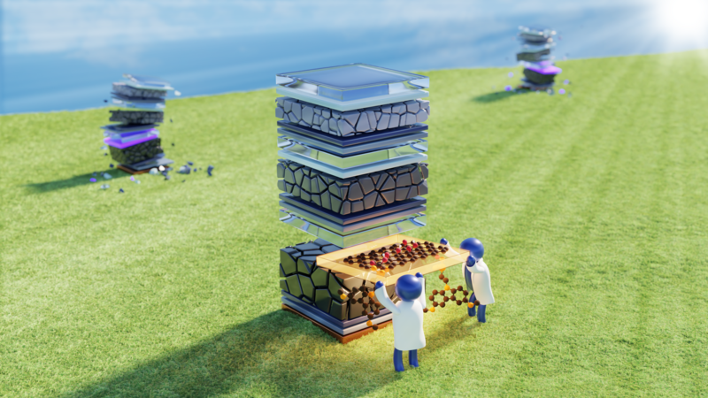 Schematic structure of a perovskite triple-junction solar cell: Three perovskite semiconductor layers are stacked on top of each other; a graphene oxide/SAM double layer serves as a hole transport layer and improves efficiency and stability.
