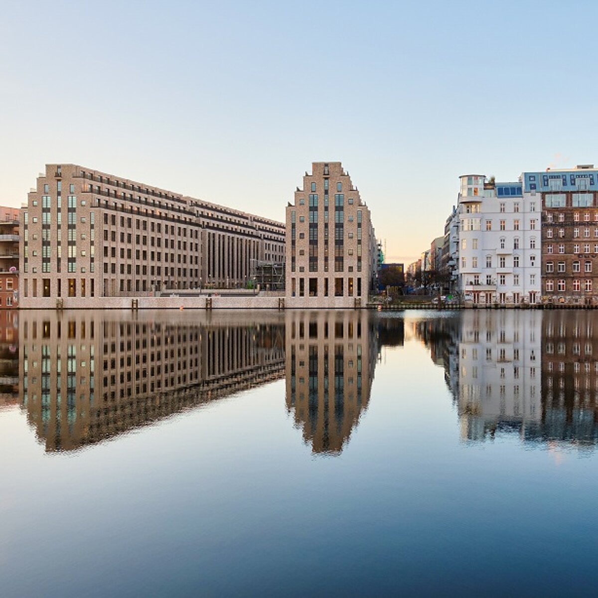 Photo from the water side on the project development Cuvry Campus in Berlin-Kreuzberg