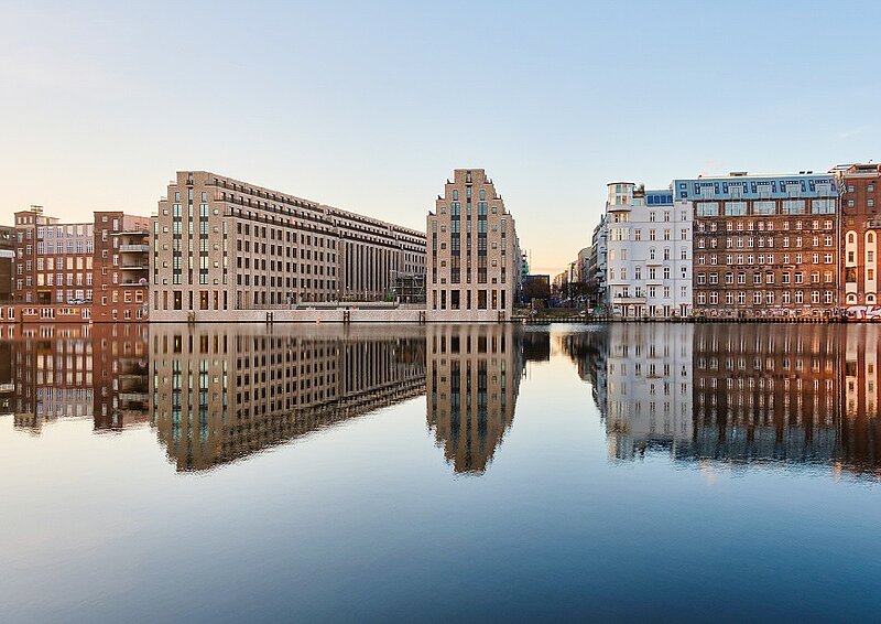Photo from the water side on the project development Cuvry Campus in Berlin-Kreuzberg