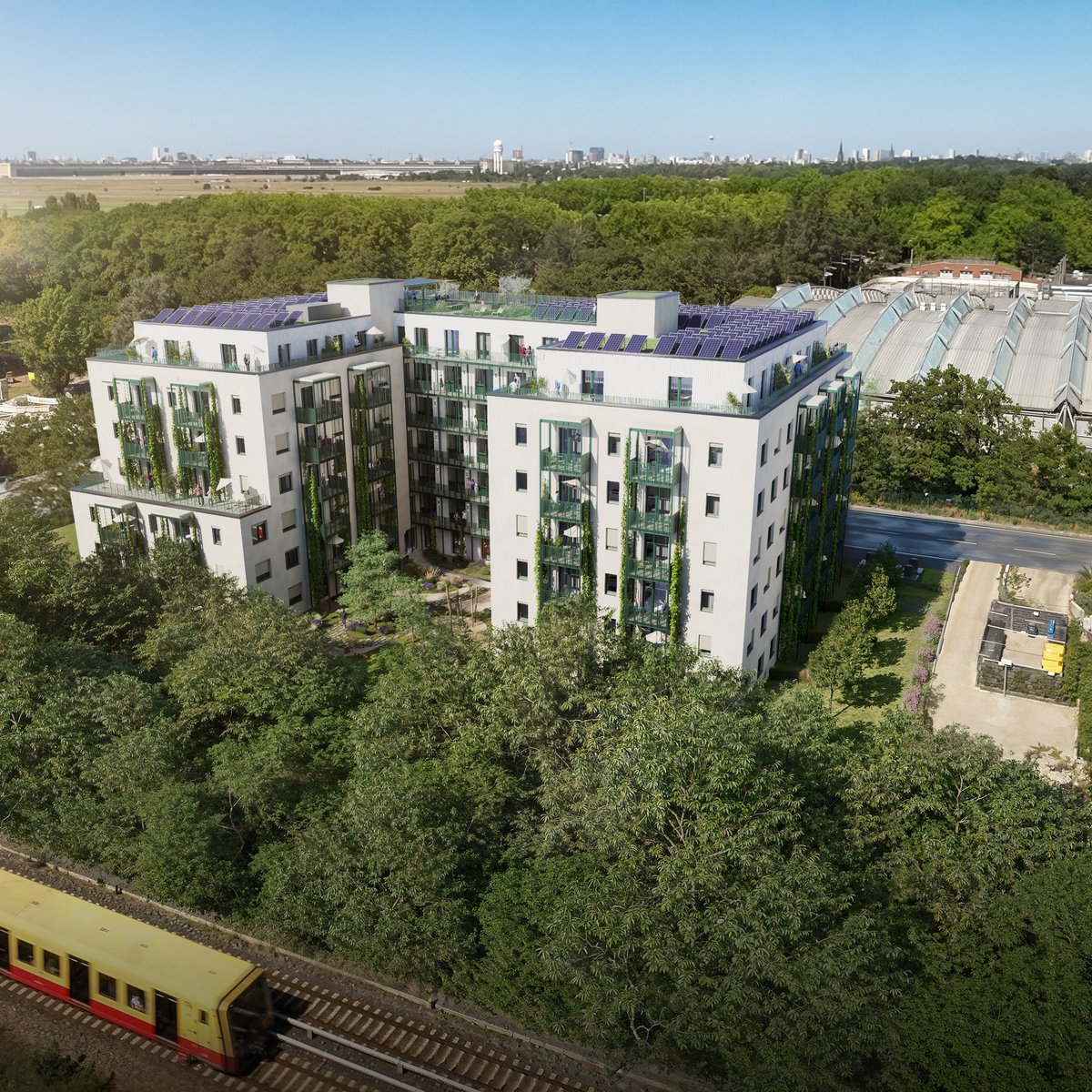 Aerial view of the ODER residential project on Oderstraße in Berlin, showing the building complex and its urban surroundings from abov