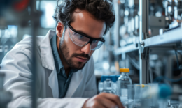 The picture shows a researcher concentrating on a project. He is wearing protective goggles and a white coat. To the side and in the background you can see shelves with research utensils, slightly blurred.