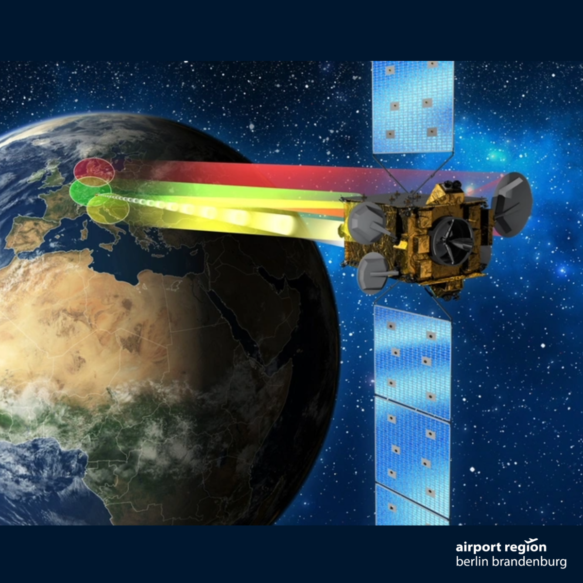 Image is an animated graphic of the Earth with a view from space, in the foreground is a satellite with colored lines to the Earth. This symbolizes the data exchange with the earth. 