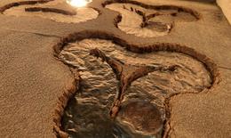 The image shows 3D printed landing surfaces on the moon. The photo shows the difference between the texture of lunar dust and the same dust transformed into a solid, smooth surface by additive manufacturing.