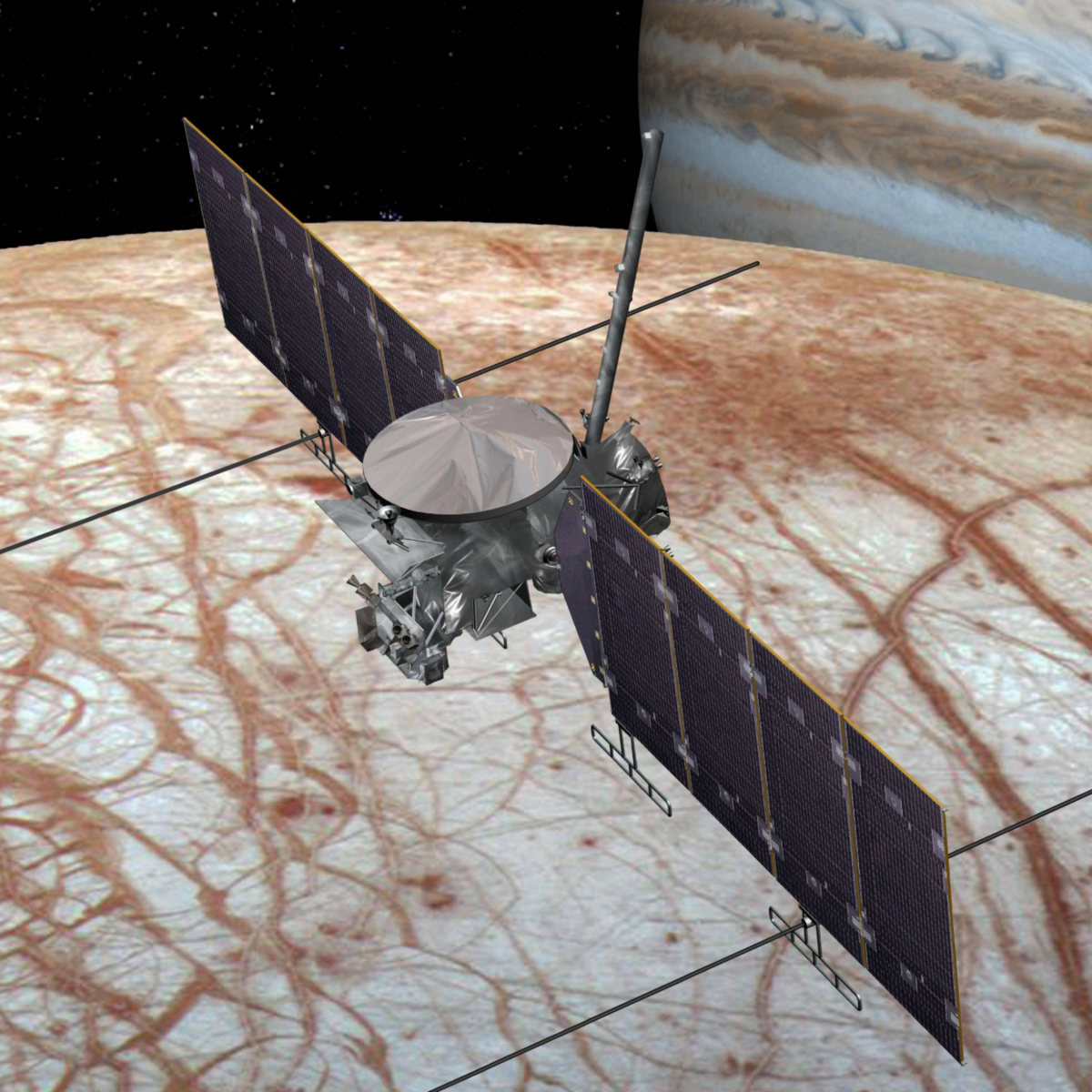 Artist's impression of NASA's Europa Clipper spacecraft, which set out for the Jupiter system in 2024. Starting in 2030, the probe will orbit the moon Europa, which could hide an ocean of liquid water under its icy crust – a possible habitat. A total of 49 flybys are planned at altitudes between 25 and 2,700 kilometres. The German Aerospace Center (DLR) is involved in the mission.