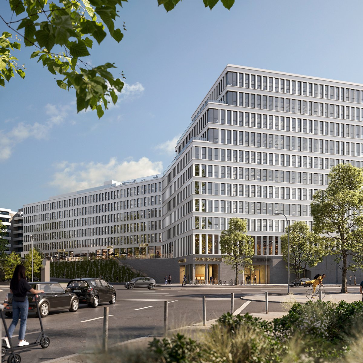 Architectural rendering of the eleven-story office tower "The Friedenauer" in Berlin.