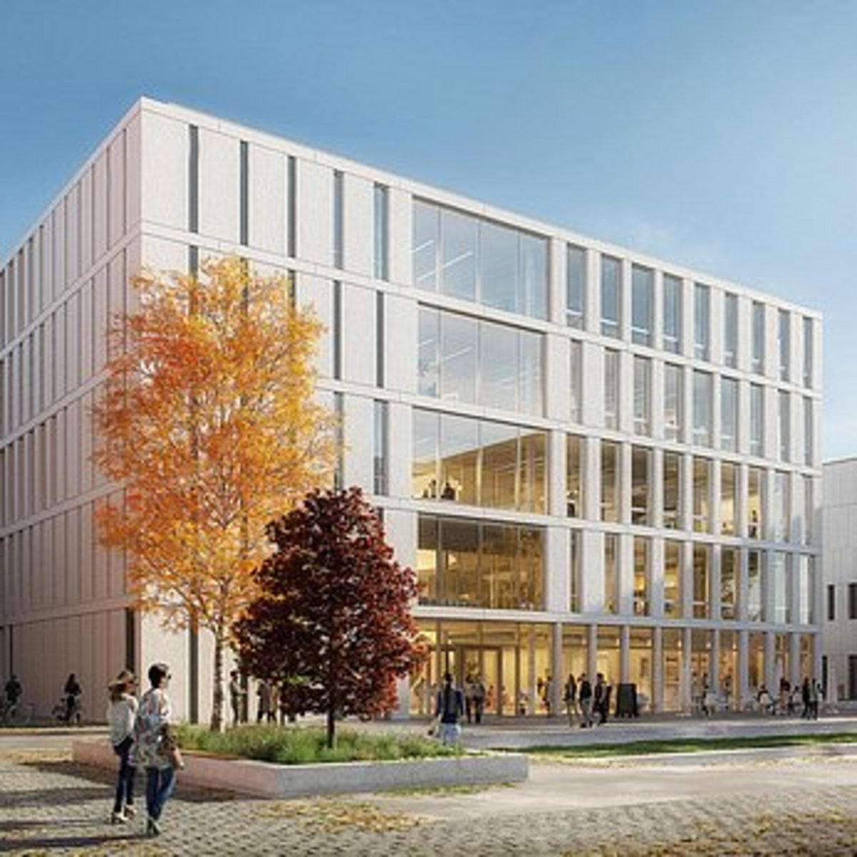 Image shows an animation of a research center still under construction in Berlin-Wedding. You can see a building lined with trees in autumnal colors and two people walking towards the building.