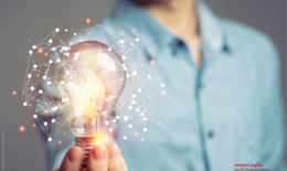 Man holding light bulb surrounding a schematic network - symbol of innovation