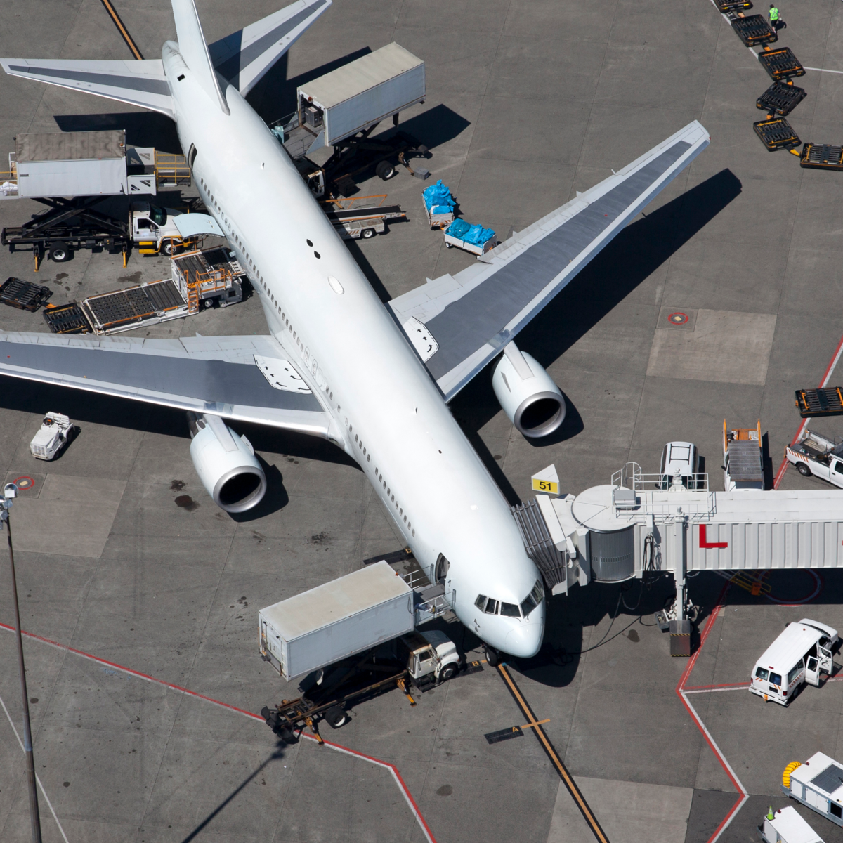 Aerial view of aircraft handling on the apron