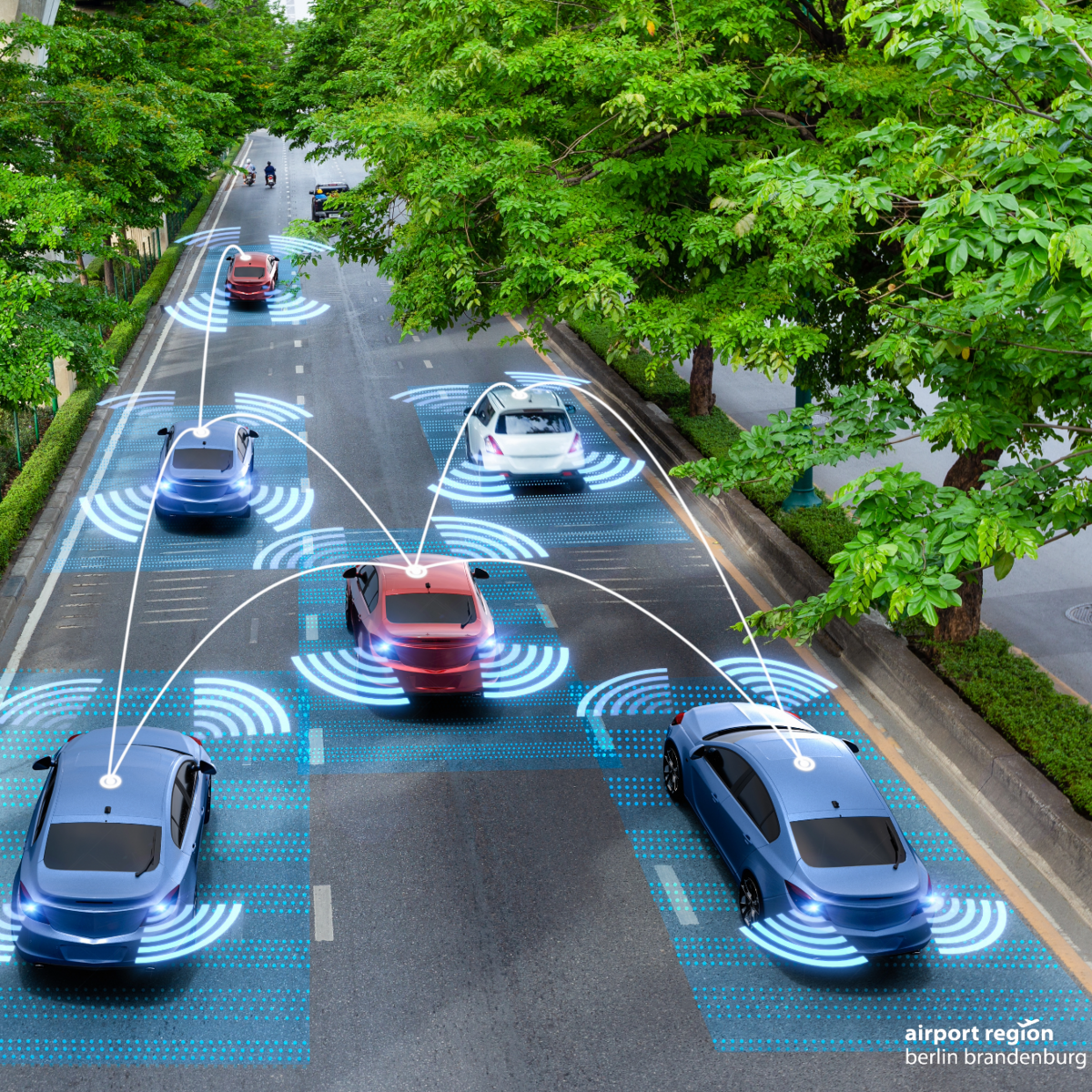 Image shows anmation of cars on a multi-jump road driving autonomously and recognizing each other.