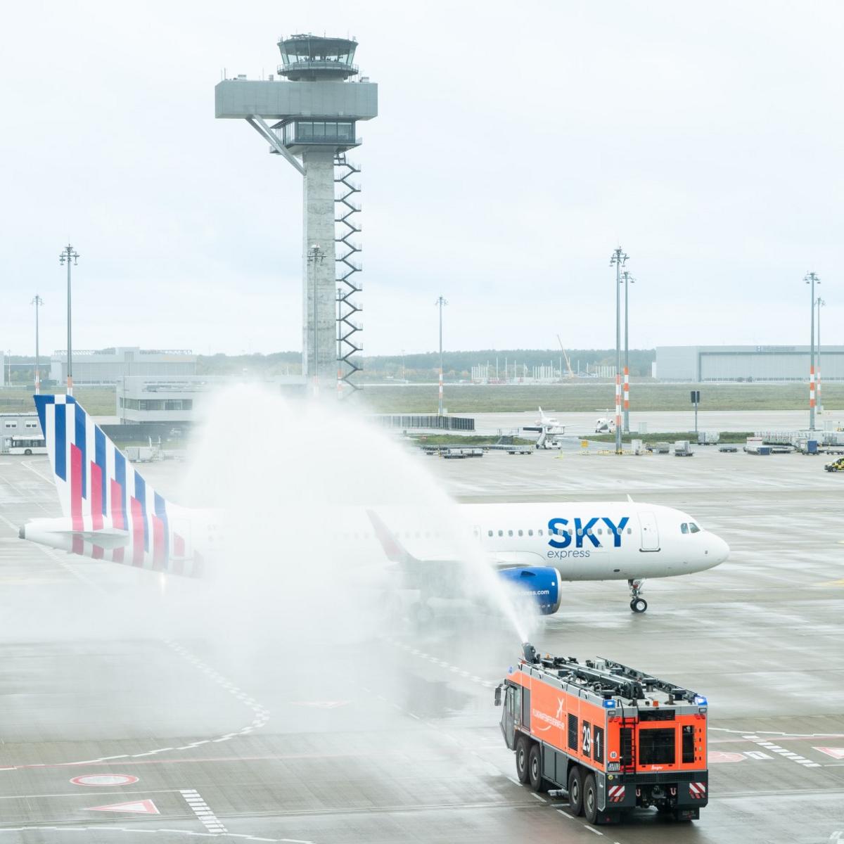 Sky express is now flying from BER and was welcomed today with a ceremonial water fountain salute.