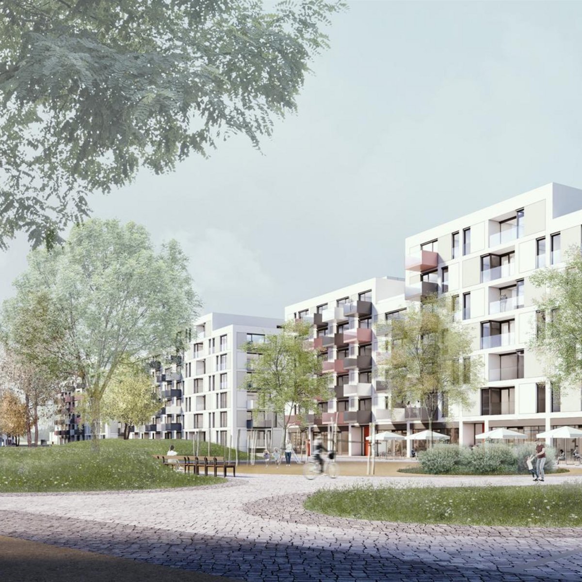 Visualization of Anger Maienhöfe: Each residential building will have its own façade design, featuring ceramic tiles, smooth and textured plaster surfaces, metal-glass façades with partially translucent elements, as well as hybrid wood façades.