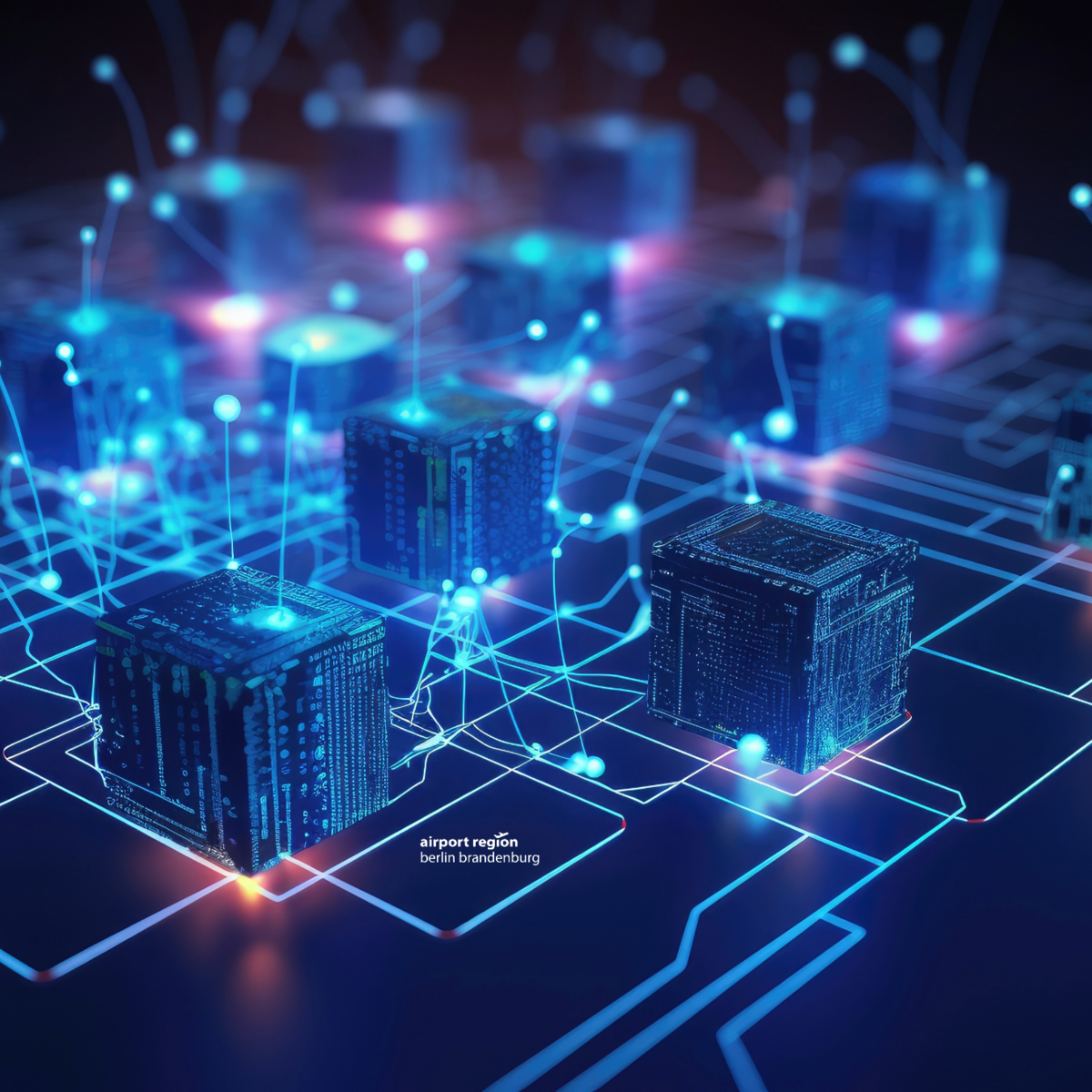 Schematic representation of a quantum computer: you can see animated lines and light dots on a circuit board