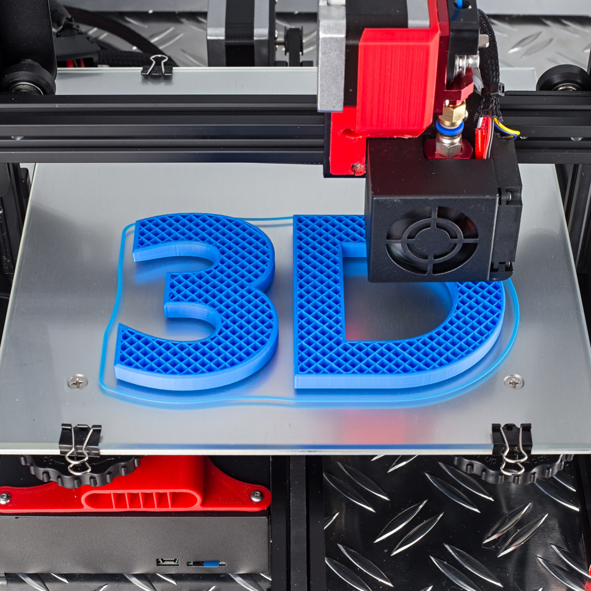 Blue lettering in 3D printed with a 3D printer.