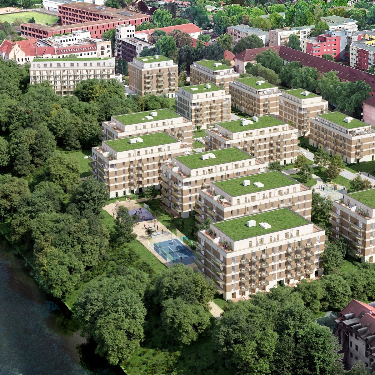 Aerial view of the Greeparks residential project in Berlin-Neukölln