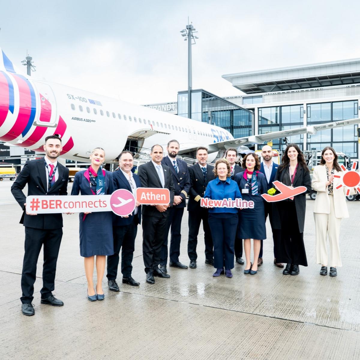  In the picture: Cristián Lizana, General Manager, Aviareps (3rd from left), Gerasimos Skaltsas, Chief Commercial Officer, SKY express (4th from left), Aletta von Massenbach, Chief Executive Officer, Flughafen Berlin Brandenburg GmbH (6th from right), Niko Pallikaridis, Pricing, SKY express (3rd from right), Sara Ruiz Padovan, Senior Manager Business Development Aviation, Flughafen Berlin Brandenburg GmbH (2nd from right), Dafni Pelekasi, Marketing Associate, SKY express (1st from right) and crew
