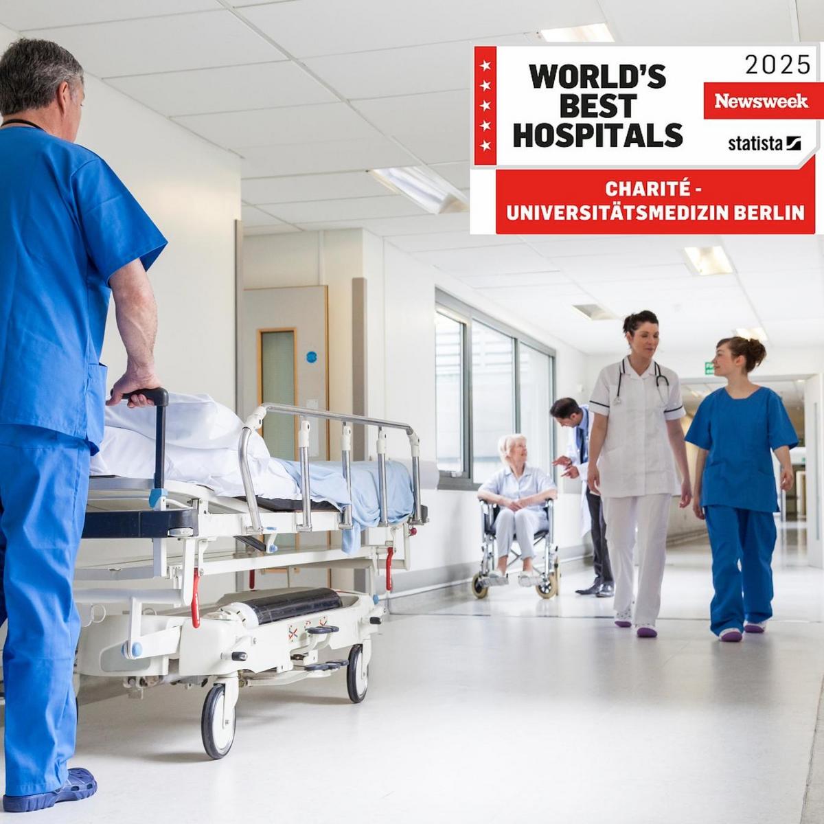 Hospital scene with hospital bed and male nurse and two female nurses. The picture includes a seal with the Charité's award.