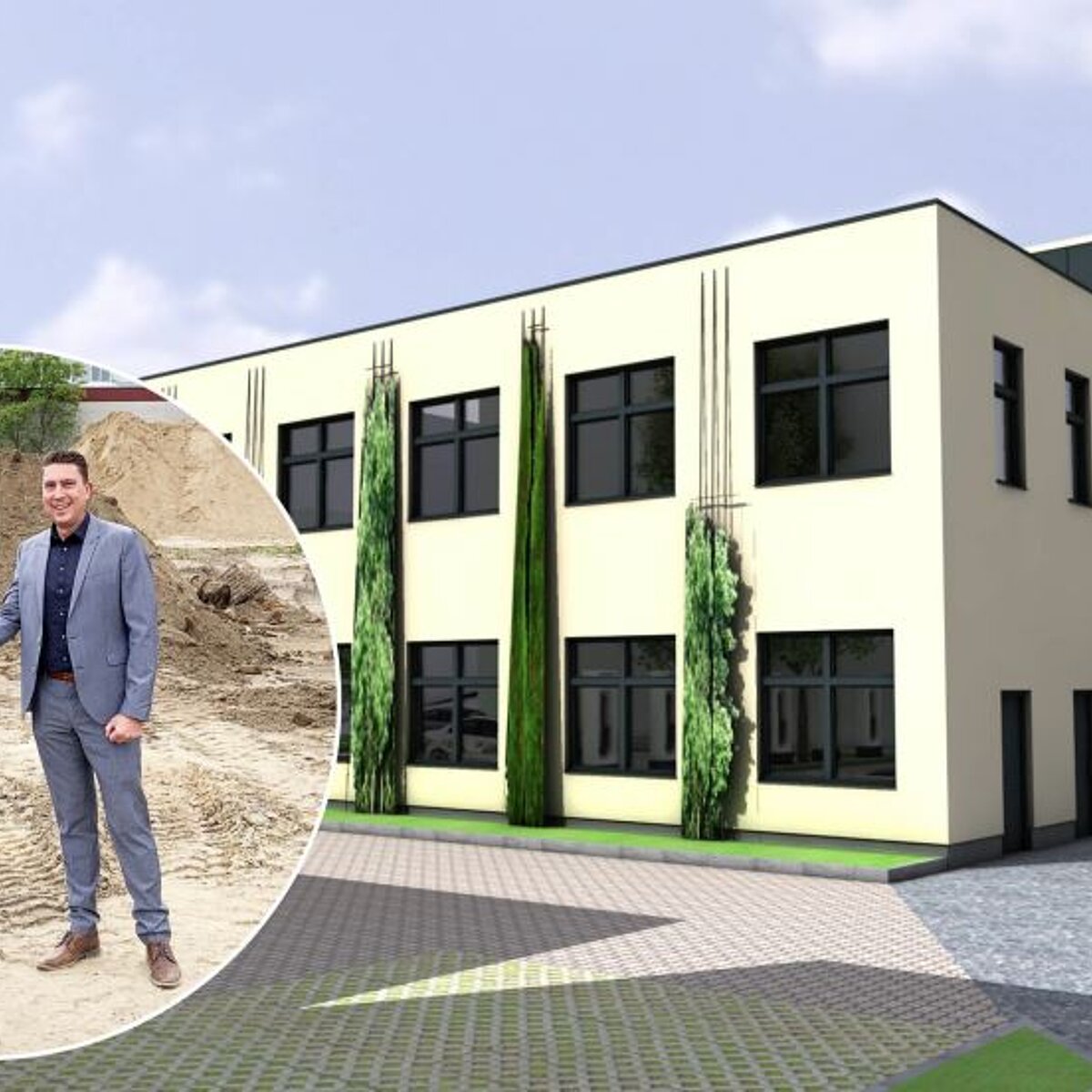 Visualization of the planned hall - Head of ESG Erik von Stockhausen and Head of Joint Venture Johannes Mueller at the groundbreaking ceremony