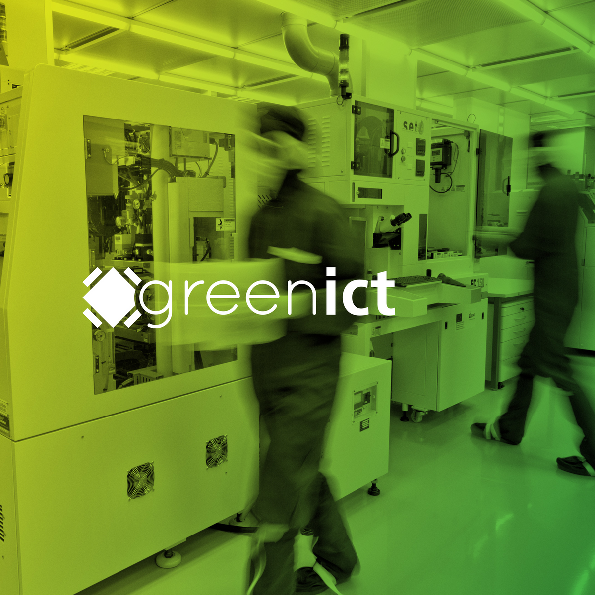 Clean room with examination equipment, overlaid with a yellow-green color gradient and the "grennICT" logo. You can see people conducting research, sitting at the equipment or moving around the room