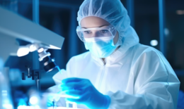 A researcher in a cleanroom suit, with a face mask and protective goggles, works at a microscope.