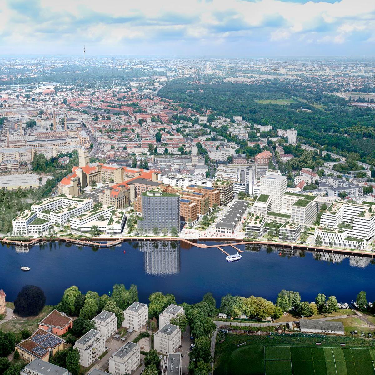 Drone image accompanying the news: DIEAG finalises architectural competition for high points on Behrens-Ufer