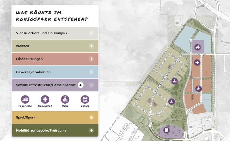 "An interactive map allows visitors to the site to locate the individual uses in "Königspark" 